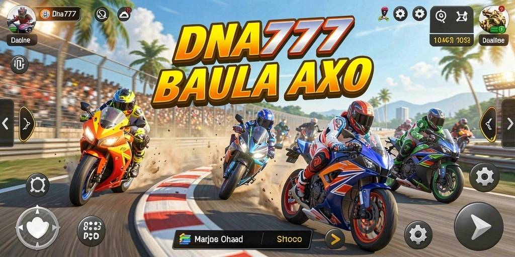 Screenshot gameplay <strong>DNA777</strong> menampilkan aksi balapan motor yang mendebarkan.