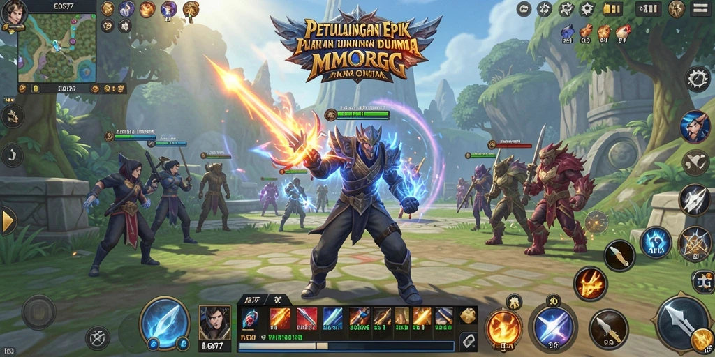 Tampilan gameplay epik dari <strong>EOS77</strong> yang menampilkan para pahlawan dalam pertempuran.