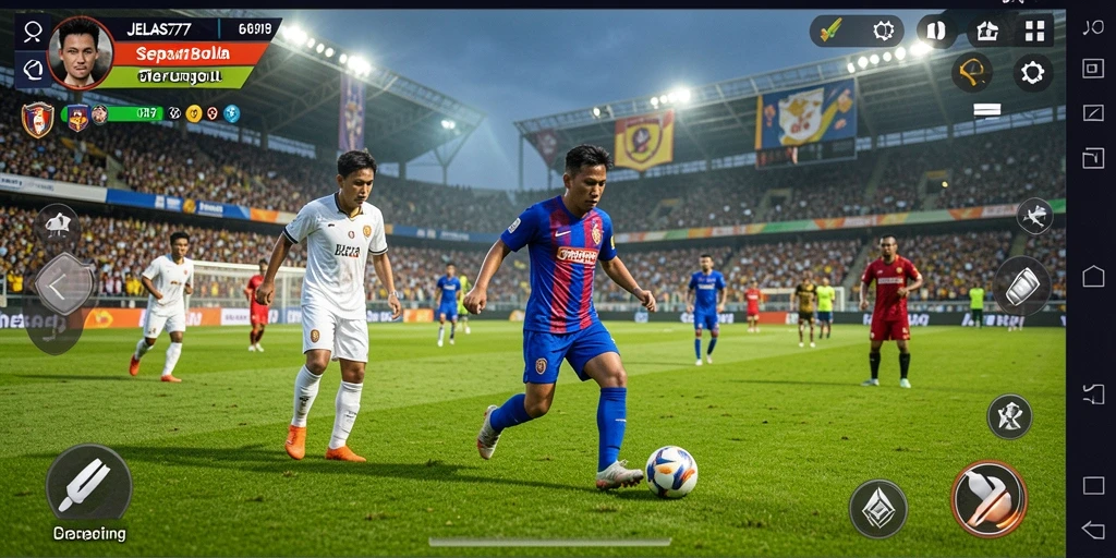 Tampilan gameplay JELAS777 dengan aksi sepak bola yang intens.