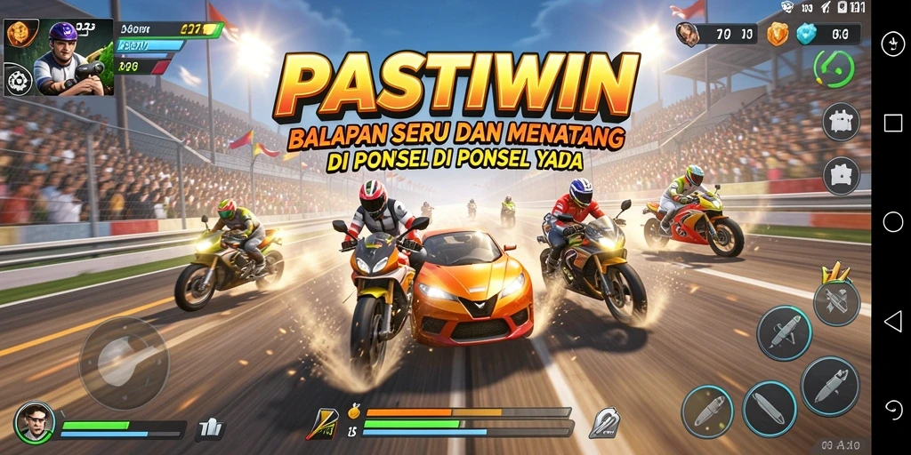 Screenshot gameplay PASTIWIN dengan mobil balap yang melaju kencang.