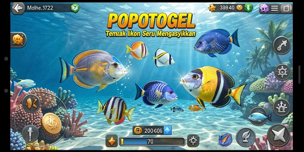 Screenshot gameplay POPOTOGEL menampilkan aksi menangkap ikan yang seru.