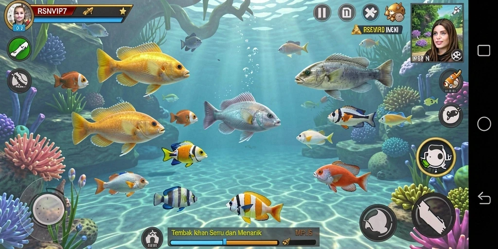 Screenshot gameplay RSNVIP7 menunjukkan aksi menembak ikan yang mendebarkan.